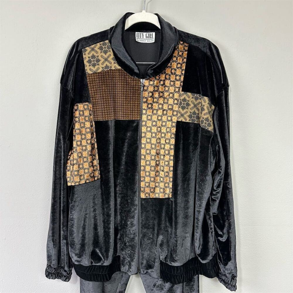 Vintage 90s City Girl by‎ Nancy Bolen Black Velvet Tracksuit Set Sz 18 Patchwork